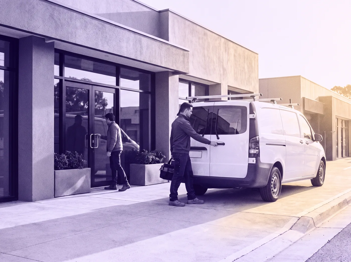 A tradesperson at a clean work van outside a modern shopfront at sunrise as the owner opens the door