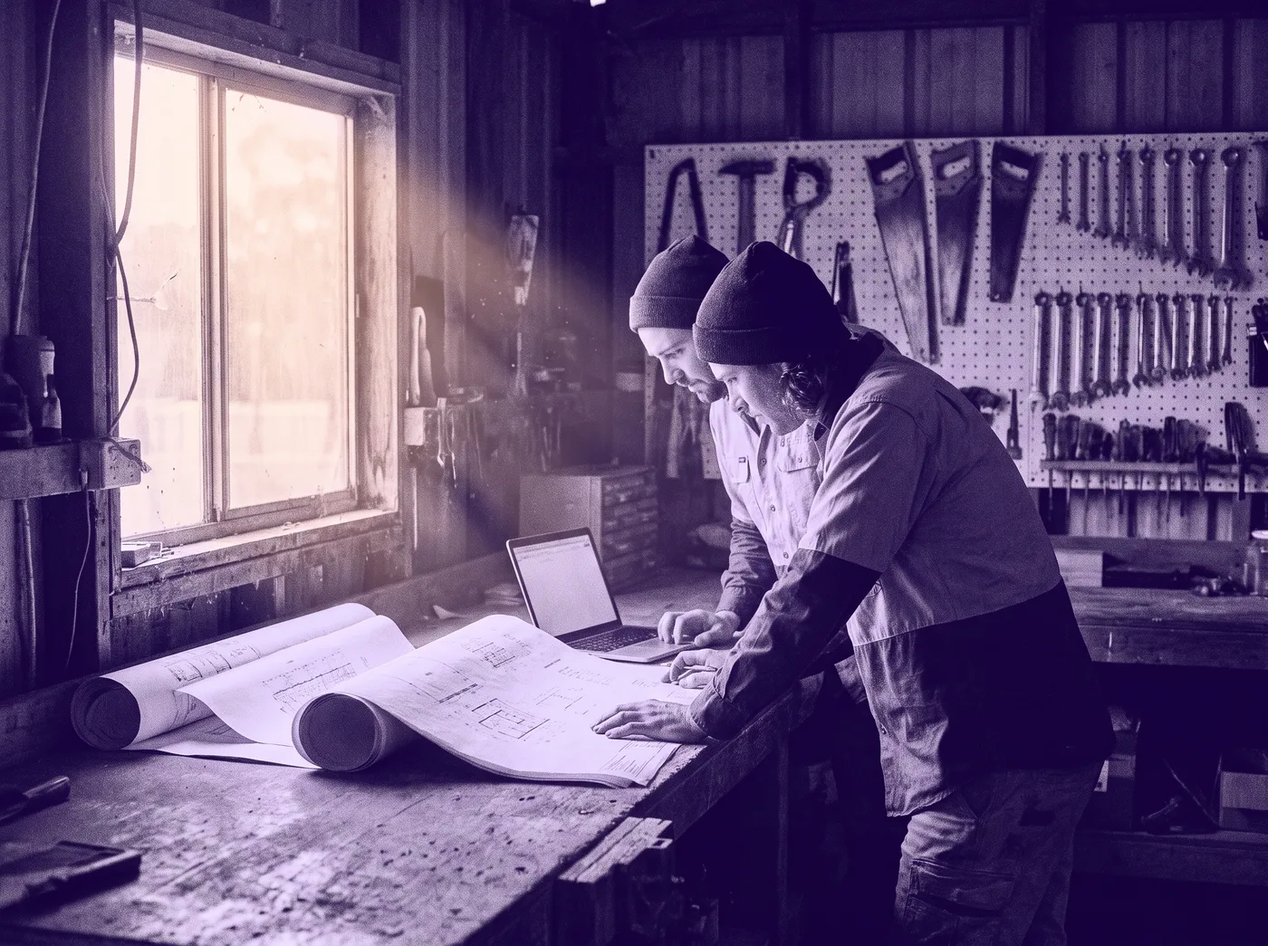 Two tradespeople reviewing plans and a laptop at a workbench in morning light