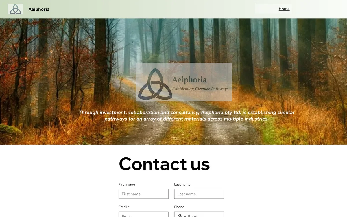 Old aeiphoria.com.au — single Wix page with a stock forest photo and a contact form