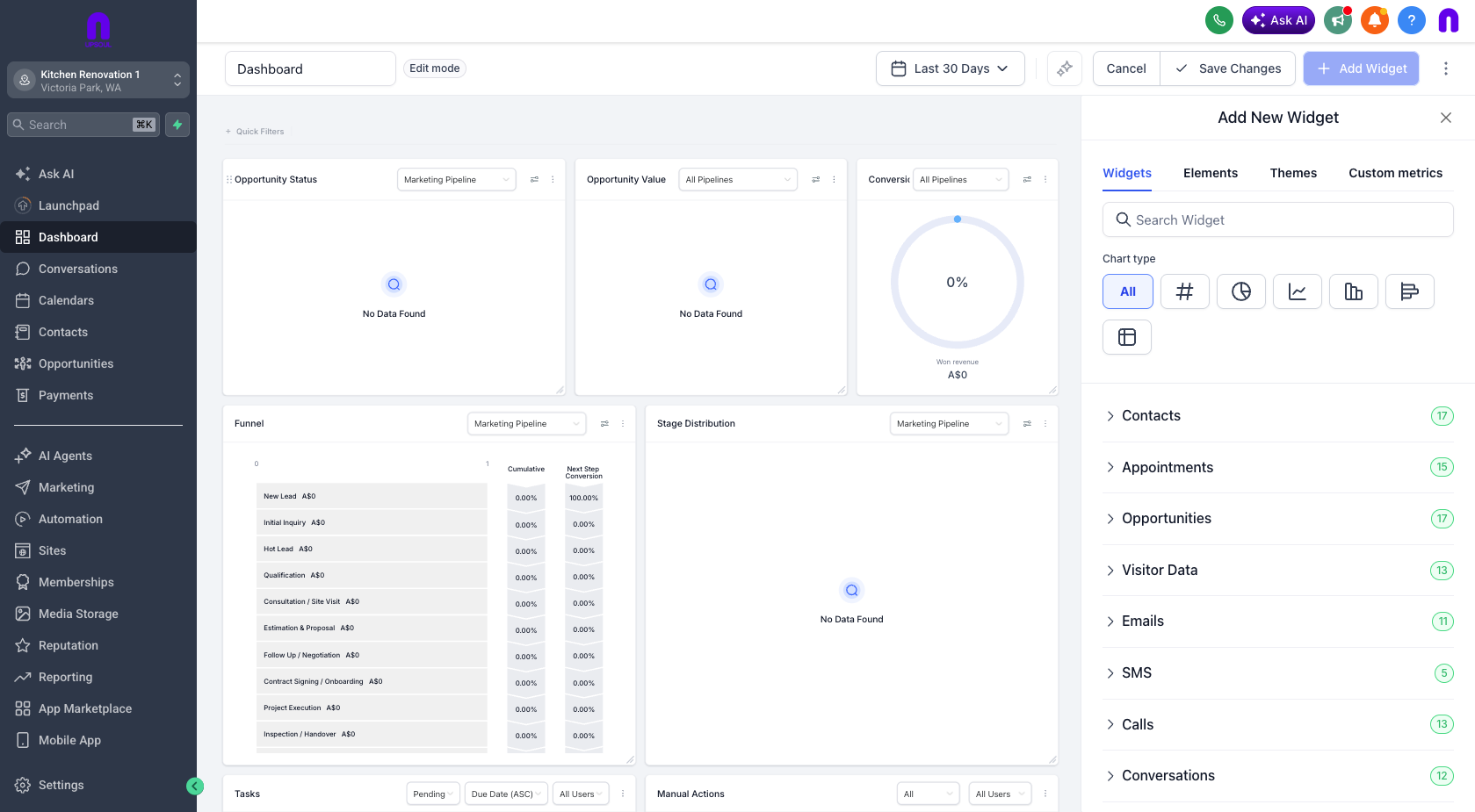 CRM dashboard showing contact management, pipeline, and booking calendar for a service business