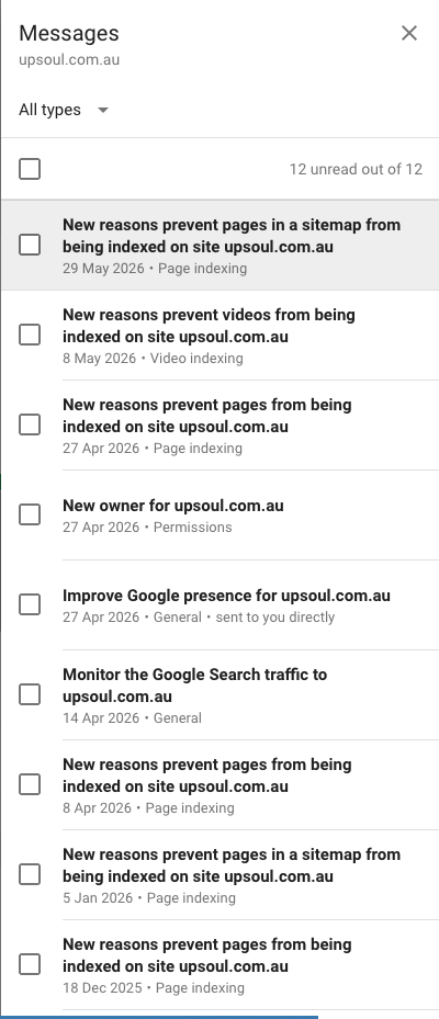 Google Search Console indexing error notifications from the old React/Vite site